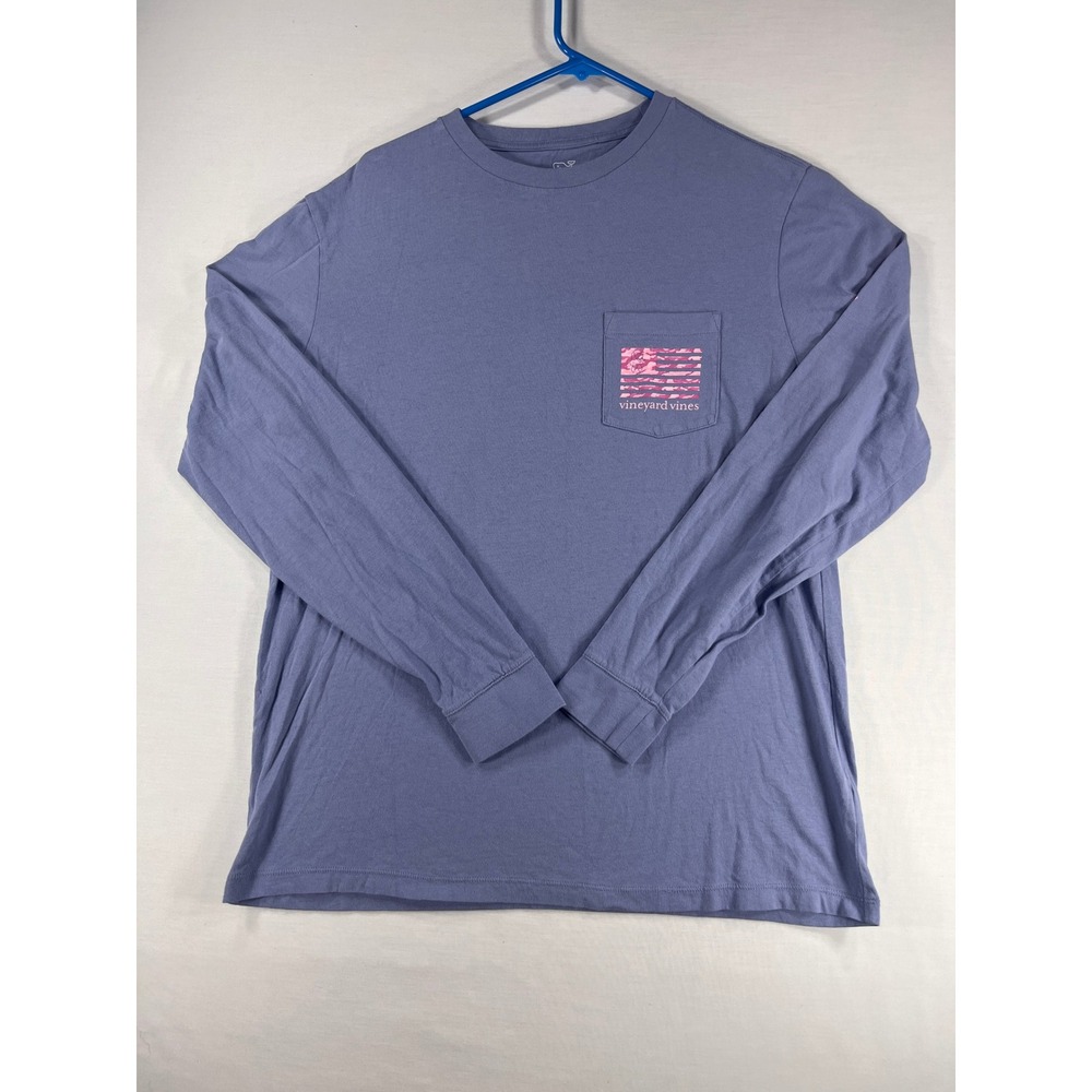Vineyard Vines Mens Blue Long Sleeve Pocket T-Shirt Pink Camo Flag BCA Medium